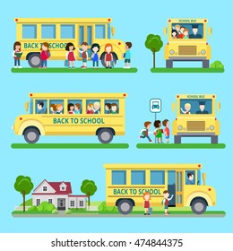 Flat set of school bus situations vector illustration. Education and knowledge, "back to school" concept. Bus station, children pick up, loading, unloading group of students.