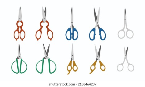 Conjunto plano de tijeras con mangos coloridos sobre fondo blanco. Colección de corte abierta y cerrada. Suministros escolares o de oficina para niños, sastre, equipo de barbero, top view