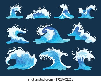 Flat set of sea or ocean waves isolated on dark blue background vector illustration