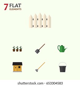 Flat  Set Of Shovel, Pail, Bailer And Other Vector Objects. Also Includes Botany, Farmhouse, Plant Elements.