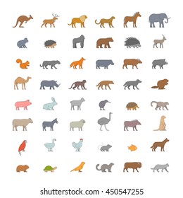 Flat Set Of Silhouettes Of Australian, African, American And Other Animals. Vector Icon Monkey, Beaver, Pig, Kiwi, Lemur, Cow, Chicken And Others. Open Path.