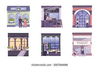 Flat set of six cafe and restaurant facades with signs windows characters of customers and waiters isolated vector illustration