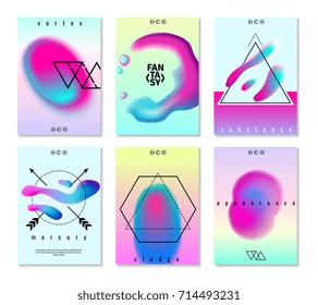 Flat set of six fantasy poster banners with colorful vibrant gradient elements and shapes isolated vector illustration