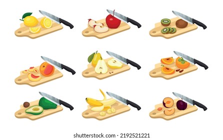 Flat set of sliced and whole fresh fruits with knives on cutting board isolated vector illustration