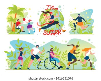 Flat Set Social Flyer Inscription I Love Summer. Special Care for People with Disabilities. People with Disabilities Need to be Physically Active and Entertaining. Vector Illustration. Flat Set Social Flyer Inscription I Love Summer. Special Care for People with Disabilities. People with Disabilities Need to be Physically Active and Entertaining. Vector Illustration.