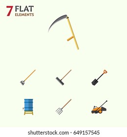 Flat  Set Of Spade, Harrow, Hay Fork And Other Vector Objects. Also Includes Hoe, Shovel, Cutter Elements.