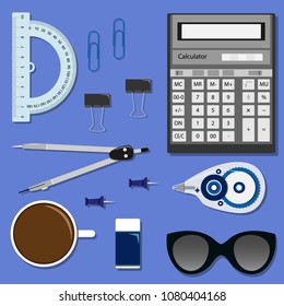 Flat set of stationery on the table. School or office vector set. 