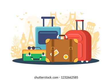 Flat set suitcases on background of attractions. Concept urban collection baggage for travel, tourism. Vector illustration.