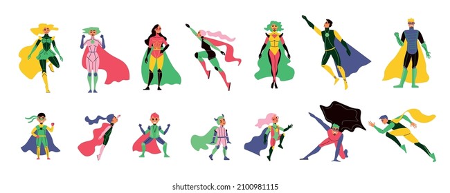 Flat set of superhero characters in different poses with colored waving cloaks on white background isolated vector illustration