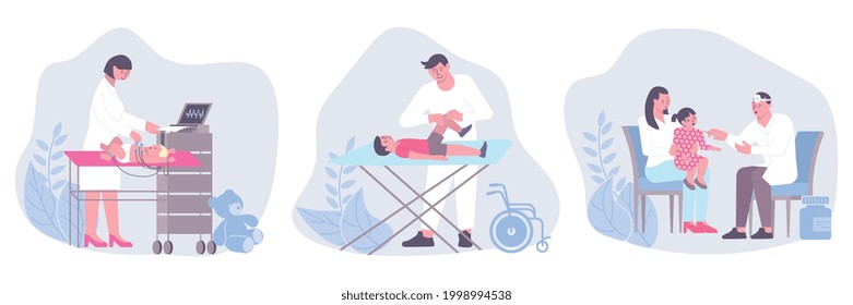 Flat set of three compositions with pediatricians examining ill children at hospital isolated vector illustration