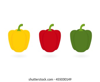 Flat set of three peppers with shadows. Yellow, red and green pepper on white background. Vector illustration.