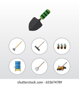 Flat  Set Of Tool, Container, Hay Fork And Other Vector Objects. Also Includes Pitchfork, Botany, Shovel Elements.