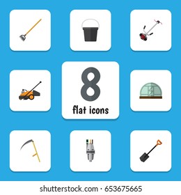 Flat  Set Of Tool, Grass-Cutter, Pail And Other Vector Objects. Also Includes Scythe, Bucket, Pump Elements.