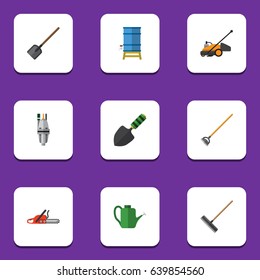Flat  Set Of Tool, Lawn Mower, Harrow And Other Vector Objects. Also Includes Shovel, Trowel, Can Bailer Elements.