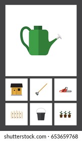 Flat  Set Of Tool, Stabling, Flowerpot And Other Vector Objects. Also Includes Botany, Saw, Pail Elements.