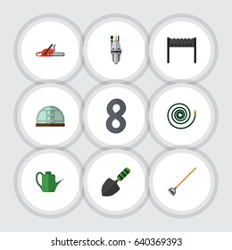 Flat Set Of Trowel, Hacksaw, Tool And Other Vector Objects. Also Includes Greenhouse, Barbecue, Can Bailer Elements.