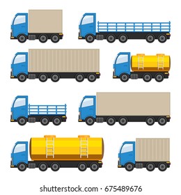 Flat set of trucks. Heavy and fuel trucks. Vector EPS10 illustration.