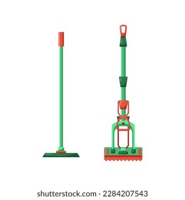 Flat set of two green and red mops on square background. Traditional and modern items for house or professional cleaning and washing. Vector cartoon illustration with bright cleaning kit for poster