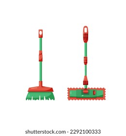 Flat set of two red and green vector mops on square background for poster, signboard, design or concept