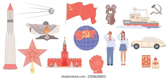 Flat set of ussr symbols with pioneers kremlin nuclear icebreaker eternal flame isolated vector illustration