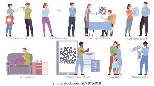Flat set with vaccination certificate social distancing checking qr code staying home using medical masks during coronavirus lockdown isolated vector illustration