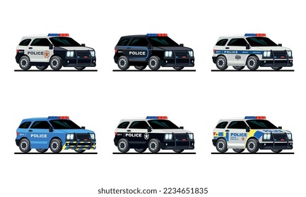 Flat set of various color police cars isolated against white background vector illustration