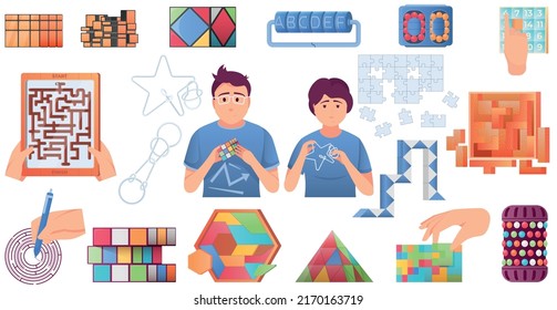 Flat set of various conundrum puzzles logical games riddles and two human characters isolated vector illustration