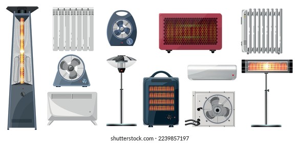 Conjunto plano de varios aparatos de calefacción con radiador de ventilador eléctrico de acondicionador de calefacción por infrarrojos aislado en ilustración vectorial de fondo blanco