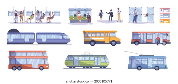 Flat set with various means of public transport human characters of passengers and ticket inspectors isolated vector illustration