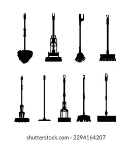 Flat set of various mops on square background for card, coloring book or poster