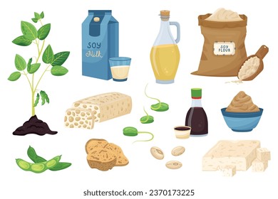 Flat set of various soy products with beans sauce milk flour sprouts tofu miso paste oil tempeh meat isolated vector illustration