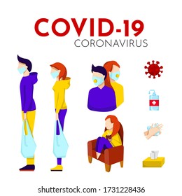 Flat set of vector elements design covid-19 for medical design. Coronavirus pandemic effective protection concept. Man and women in mask, wash hands, stay home, virus icons