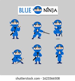 Flat Set Vector Image of a Blue Ninja cartoon