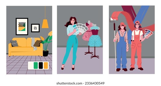 Conjunto plano de afiches verticales con personas que utilizan paletas de color en el diseño interior y de moda ilustración vectorial aislada