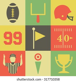 A flat set of vintage American football icons and graphics.