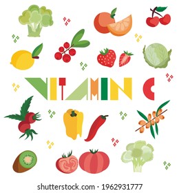 Flat set of vitamin C sources. Vector collection of fruits, vegetables and berries with ascorbic acid. Dietetic food, healthy eating. Vector illustration isolated on white background.