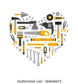 Flat set of working tools in heart shape. Icons design elements. Construction and home repair instruments. Hand drill, glue, screwdriver, saw, pliers, level, hammer, scissors. Vector illustration