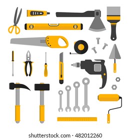 Flat set of working tools. Icons design elements isolated on white. Construction and home repair instruments. Hand drill, glue, screwdriver, saw, pliers, level, hammer, scissors. Vector illustration.