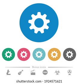 Flat settings icons flat white icons on round color backgrounds. 6 bonus icons included.
