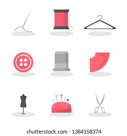 Flat sewing for fashion lifestyle design. Measuring tool. Fashion style. Set of Needle, Thread, Hanger, Button, Thimble, Mannequin, Needle Pillow, Scissors