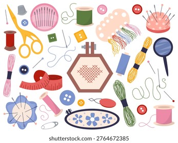 Flat Sewing Tools Set with Embroidery Hoop and Accessories. Collection of sewing and embroidery tools arranged in a modern flat vector style. Includes scissors, threads, needles, pincushion, buttons, measuring tape and embroidery hoop with heart pattern