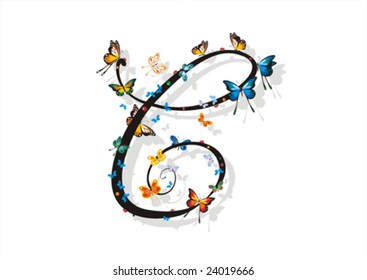 Flat shaded capital letter ornate with butterflies and ladybugs. No gradient fills. Easy to customize.