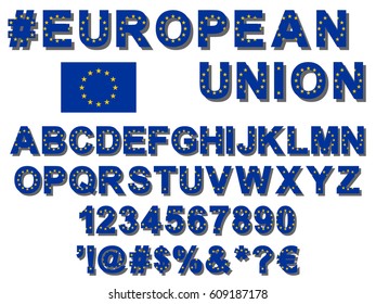 Flat with shadow vector EU flag font alphabet, numerals and symbols stylized by European Union colors for heading and celebrations