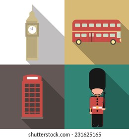 Flat shadow vector icon set of England symbols with guard, telephone, Big Ben and bus. EPS 10
