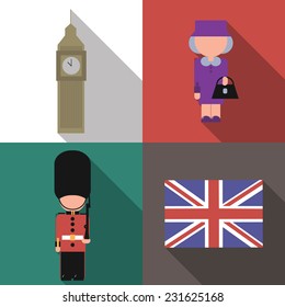 Flat shadow vector icon set of England symbols with guard, flag Big Ben and queen. EPS 10