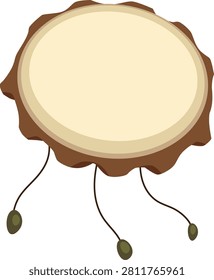 Flat shaman drum vector illustration element with tribal and ethnic percussion style. Round handdrum, drumhead, hide rim, cords, string and bead details in a simple isolated graphic element.