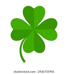 Flat shamrock icon. Clover four leaves logo. Green floral symbol. Quatrefoil sign. St Patrick Day decoration for greeting card. Irish tradition motif, ornament element. Vector illustration EPS 10.