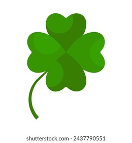 Flat shamrock icon. Clover four leaves logo. Green floral symbol. Quatrefoil sign. St Patrick Day decoration for greeting card. Irish tradition motif, ornament element. Vector illustration EPS 10.