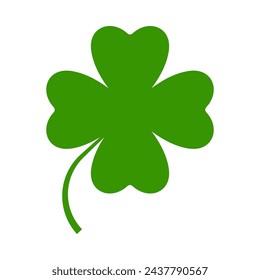 Flat shamrock icon. Clover four leaves logo. Green floral symbol. Quatrefoil sign. St Patrick Day decoration for greeting card. Irish tradition motif, ornament element. Vector illustration EPS 10.