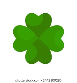 Flat shamrock icon. Clover four leaves logo. Green floral symbol. Quatrefoil sign. St Patrick Day decoration for greeting card. Irish tradition motif, ornament element. Vector illustration EPS 10.